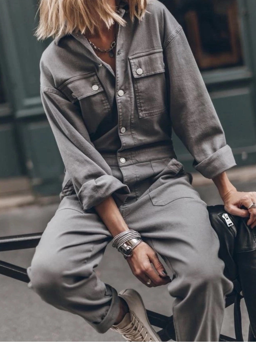 MIKUTA Denim Utility Jumpsuit Grey Boiler Suit Coveralls Size S Denim